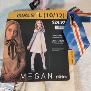 M3GAN Halloween Costume Girls Size Large 10/12 Beige Dress with Blue Bow
